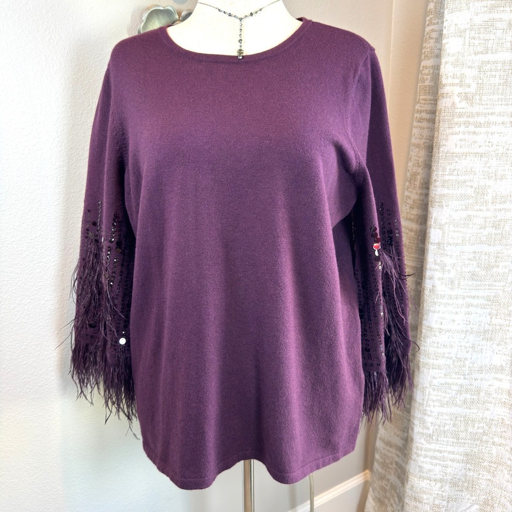 CHICO'S Feather Sequin Pullover Sweater XL Cashmere Blend Plum Statement Top - Picture 2 of 9
